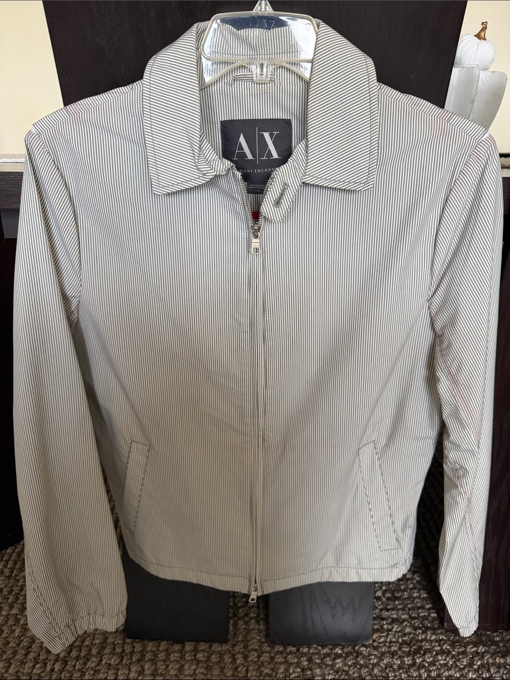A/X Armani Exchange Light Gray & White Pinstripe Bomber Jacket